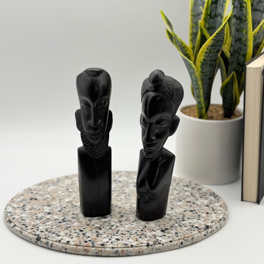 Vintage Hand Carved African Ebony Wood Bust Pair Man Woman 9 Inch
